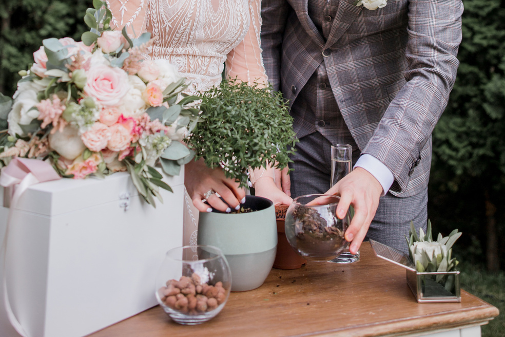 Groom and Bride Planting a Tree at a Wedding Ceremony